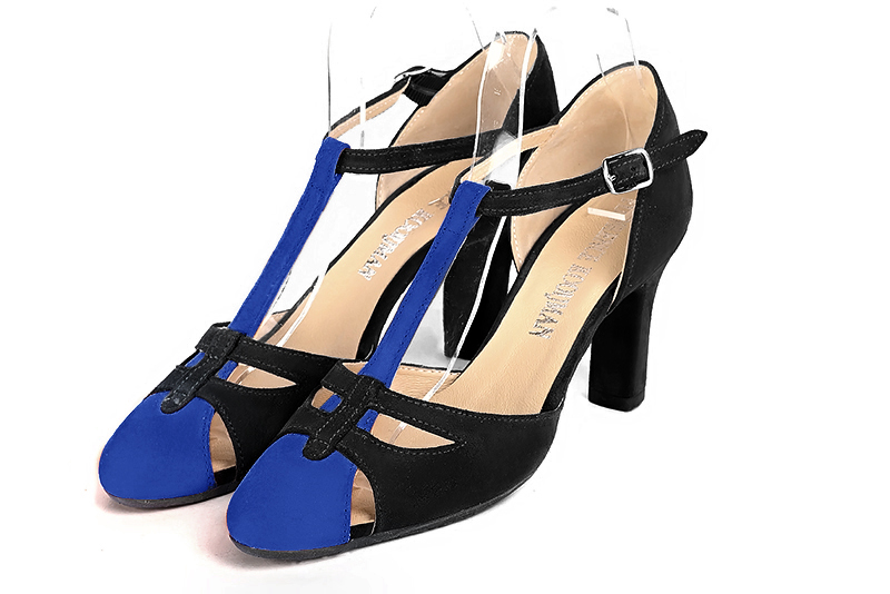 Electric blue and matt black women's T-strap open side shoes. Round toe. High kitten heels. Front view - Florence KOOIJMAN